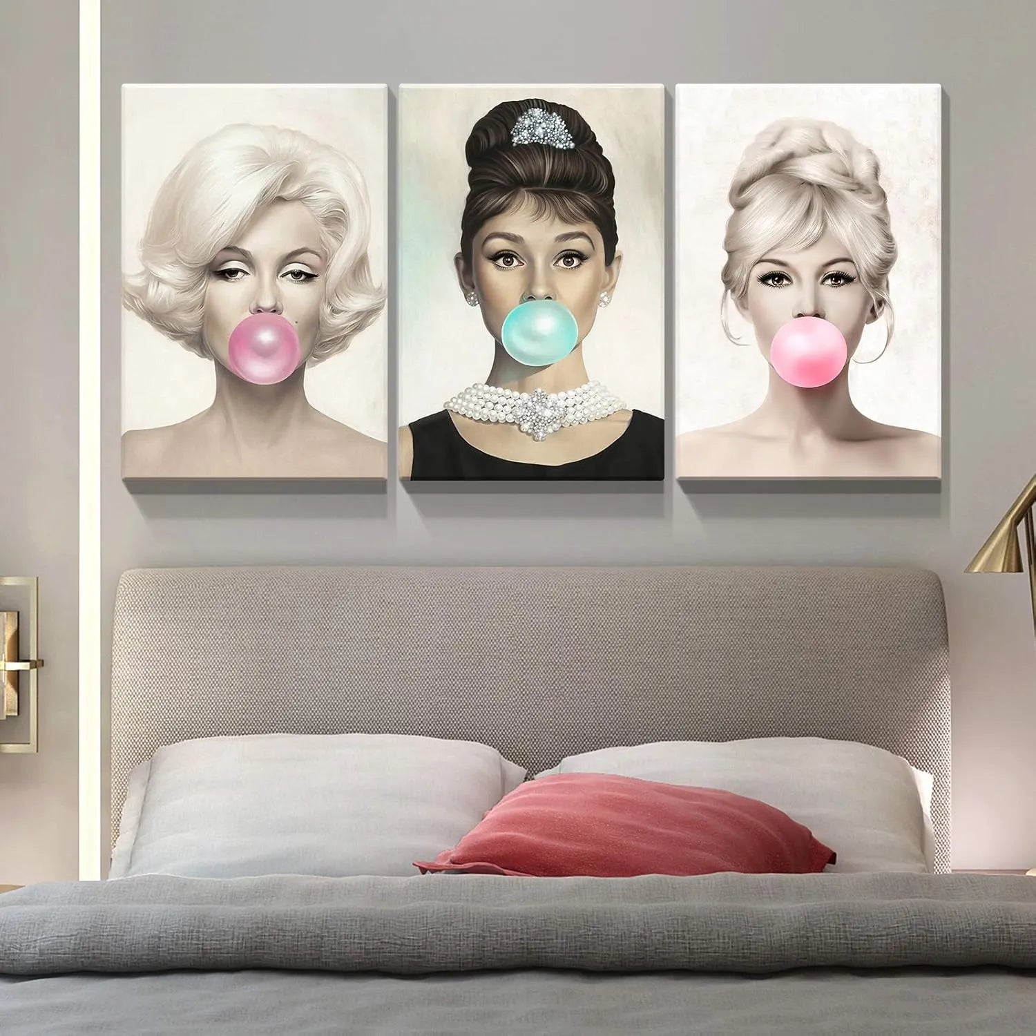 Canvas Prints 3 Panel Canvas Wall Art Marilyn Monroe Audrey Hepburn Bubblegum Vintage Home Decor Modern Style PrintToucan - PrintToucanChrismas Gift