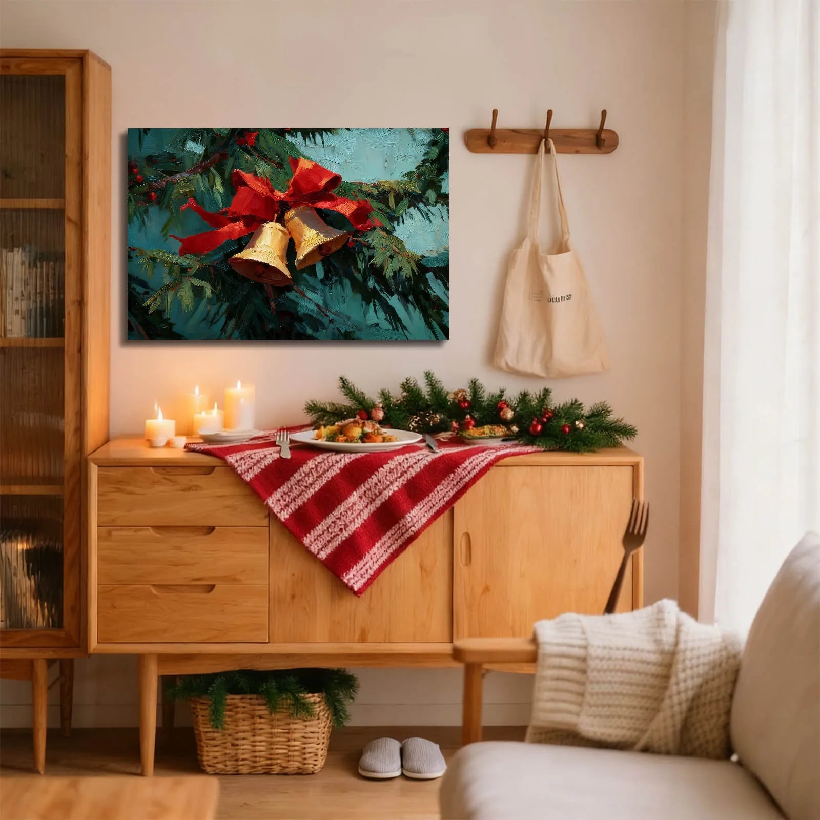 Canvas Prints Canvas Wall Art Green Background Pine Branch With Red Bow, Gold Bells & Berries Christmas Home Decor | PrintToucan - PrintToucanChrismas Gift