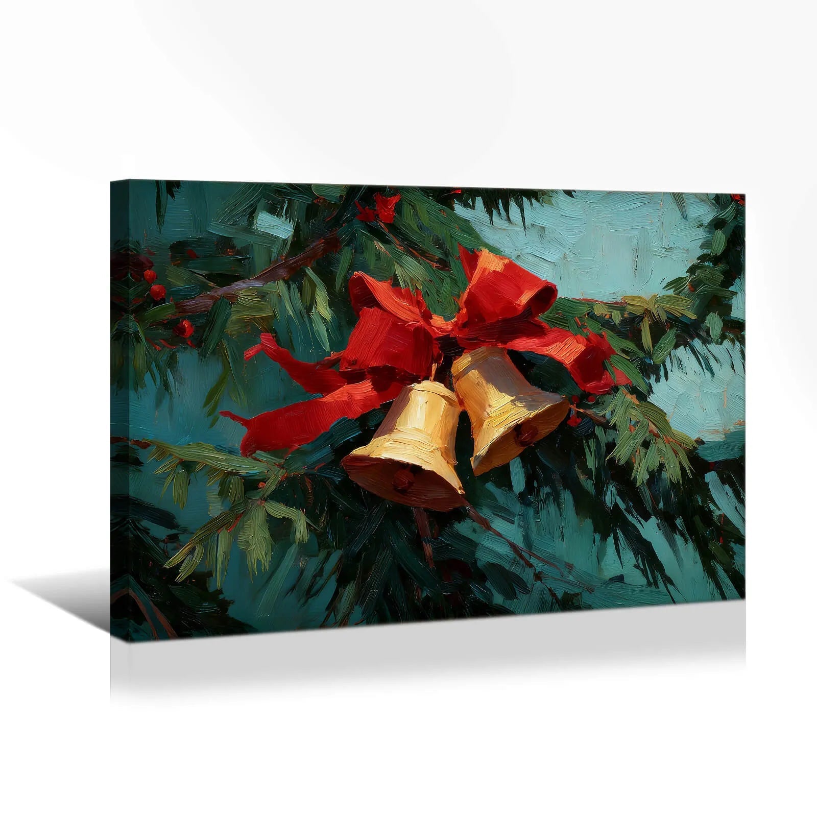 Canvas Prints Canvas Wall Art Green Background Pine Branch With Red Bow, Gold Bells & Berries Christmas Home Decor | PrintToucan - PrintToucanChrismas Gift
