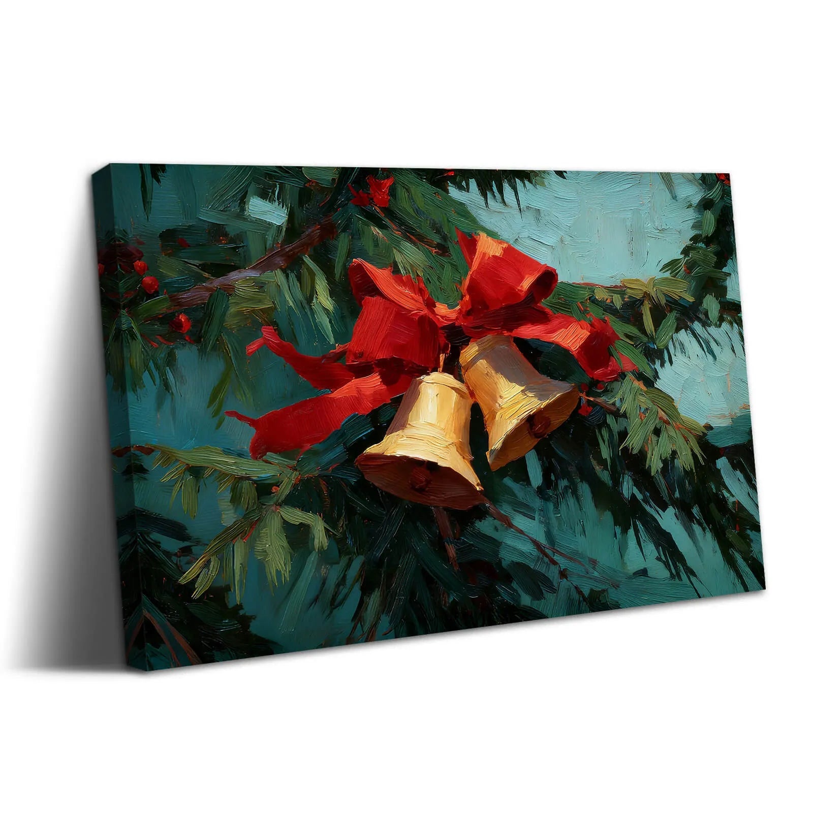 Canvas Prints Canvas Wall Art Green Background Pine Branch With Red Bow, Gold Bells & Berries Christmas Home Decor | PrintToucan - PrintToucanChrismas Gift