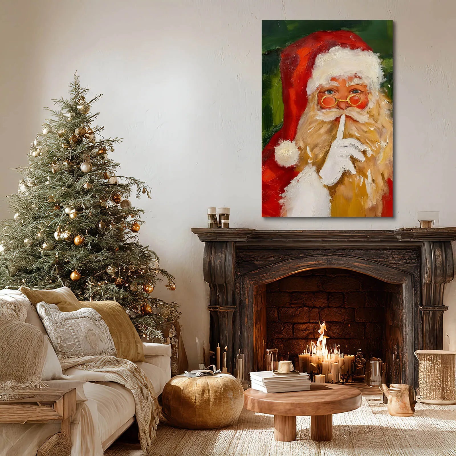 Canvas Prints Canvas Wall Art Playful Santa Shushing With Round Glasses Red White Outfit Holiday Home Decor | PrintToucan - PrintToucanChrismas Gift