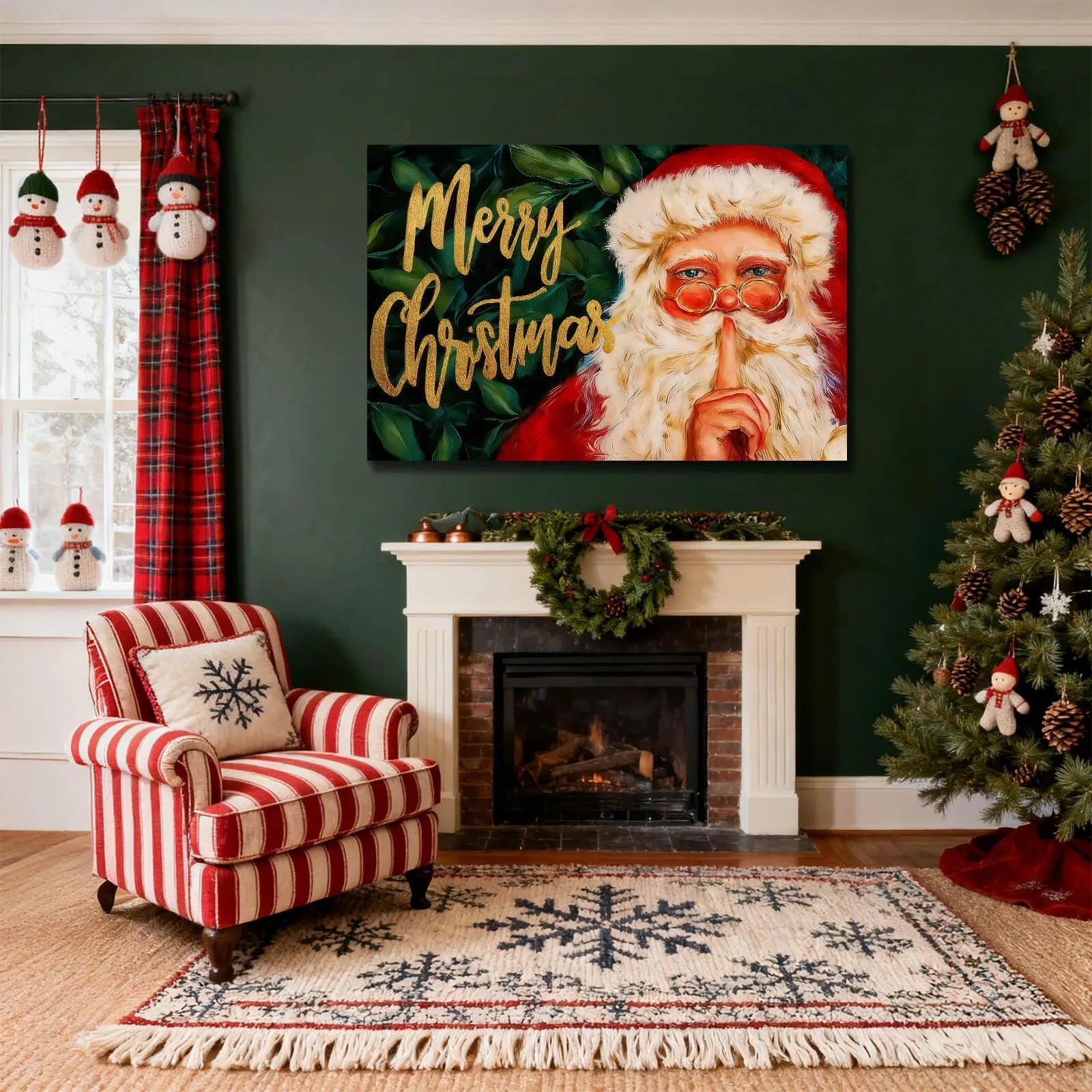Canvas Prints Canvas Wall Art Santa Shushing Green Leaves Christmas Merry Christmas Oil Style Home Decor PrintToucan - PrintToucanChrismas Gift
