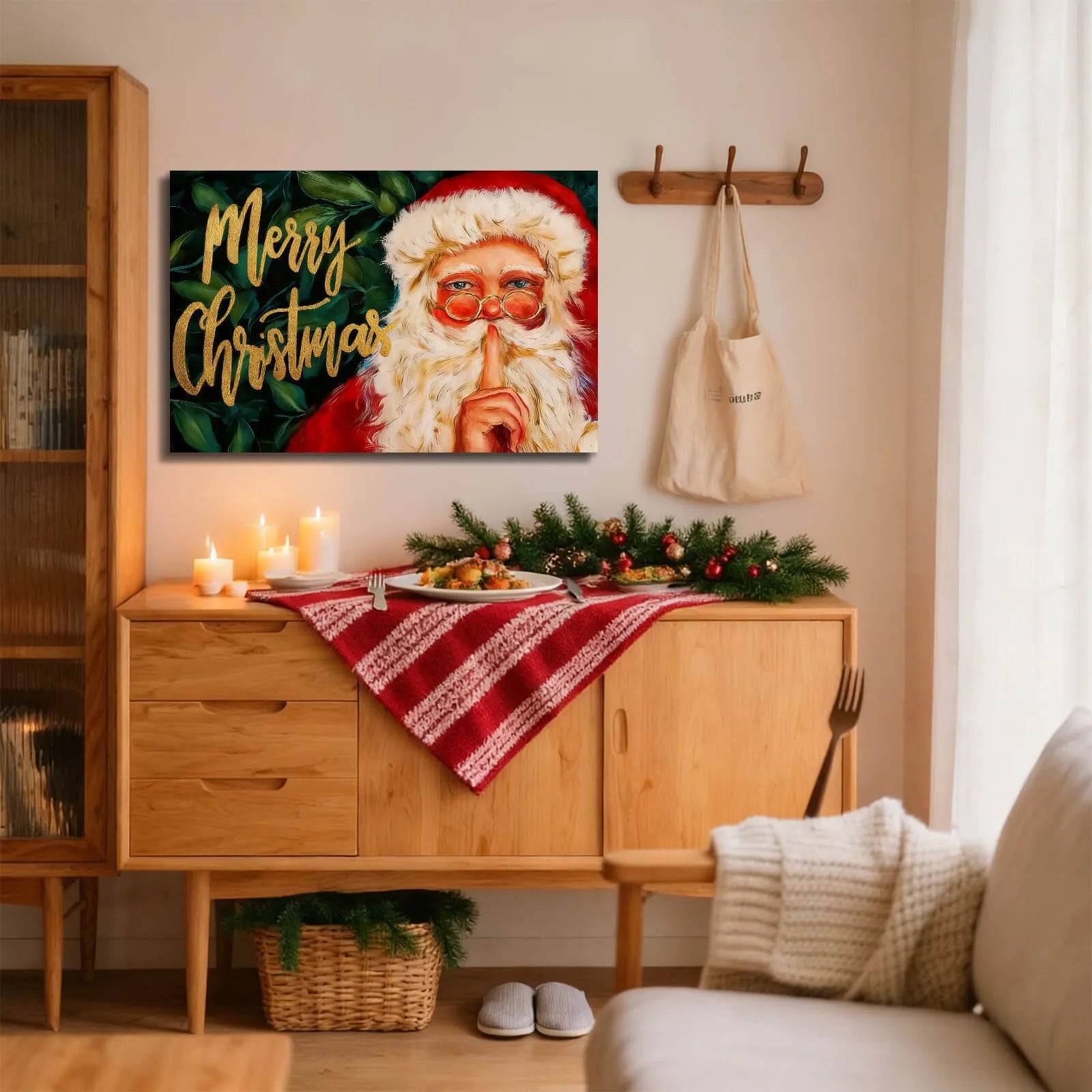 Canvas Prints Canvas Wall Art Santa Shushing Green Leaves Christmas Merry Christmas Oil Style Home Decor PrintToucan - PrintToucanChrismas Gift