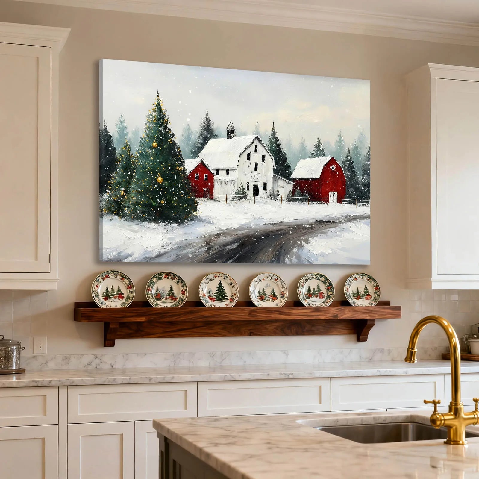 Canvas Prints Canvas Wall Art Snowy Christmas Village With Gold Decorated Tree And Red Barn Holiday Home Decor | PrintToucan - PrintToucanChrismas Gift