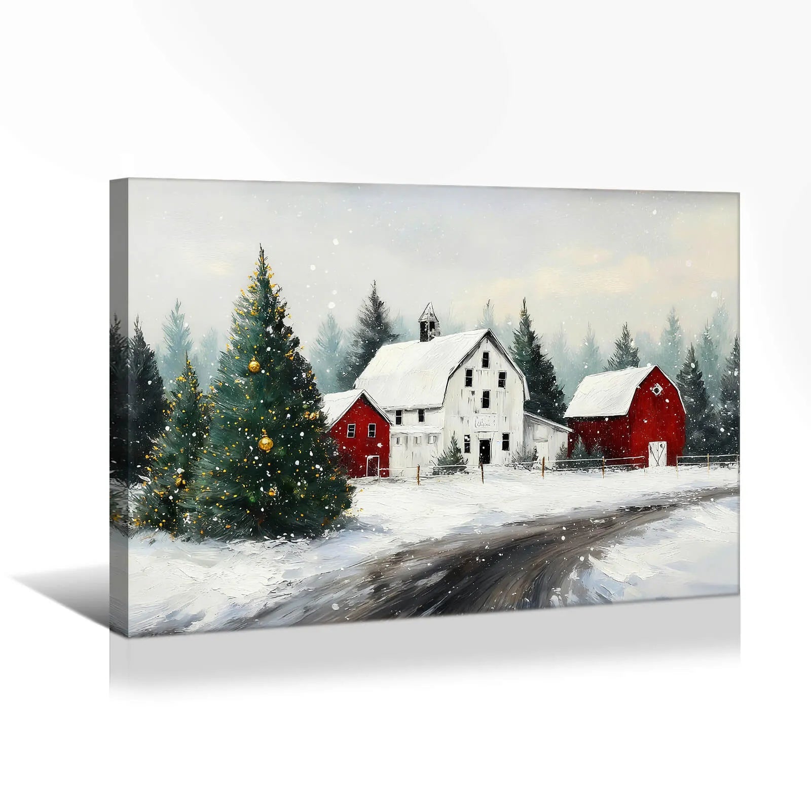 Canvas Prints Canvas Wall Art Snowy Christmas Village With Gold Decorated Tree And Red Barn Holiday Home Decor | PrintToucan - PrintToucanChrismas Gift