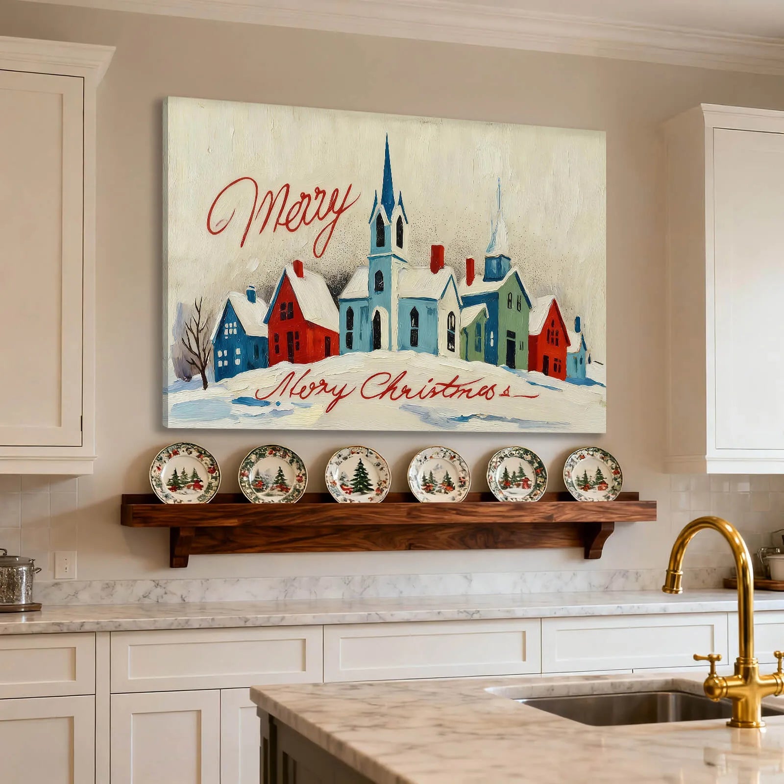 Canvas Prints Canvas Wall Art Snowy Colorful Town Merry Christmas Holiday Home Decor Artwork for Living Room | PrintToucan - PrintToucanChrismas Gift