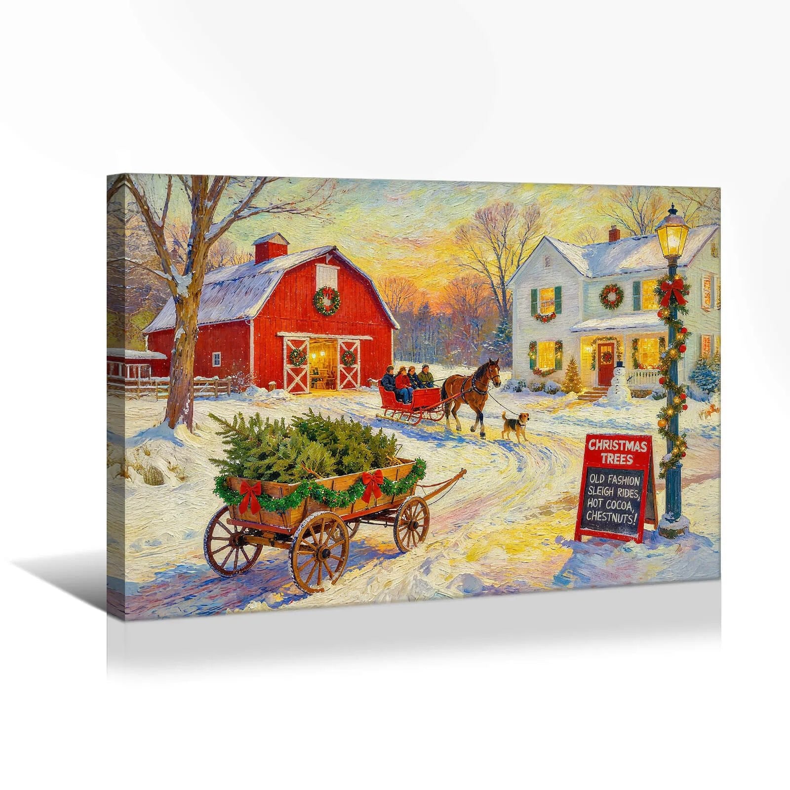 Canvas Prints Canvas Wall Art Snowy Red Barn Christmas Village Scene Rustic Holiday Home Decor Vintage Style PrintToucan - PrintToucanChrismas Gift