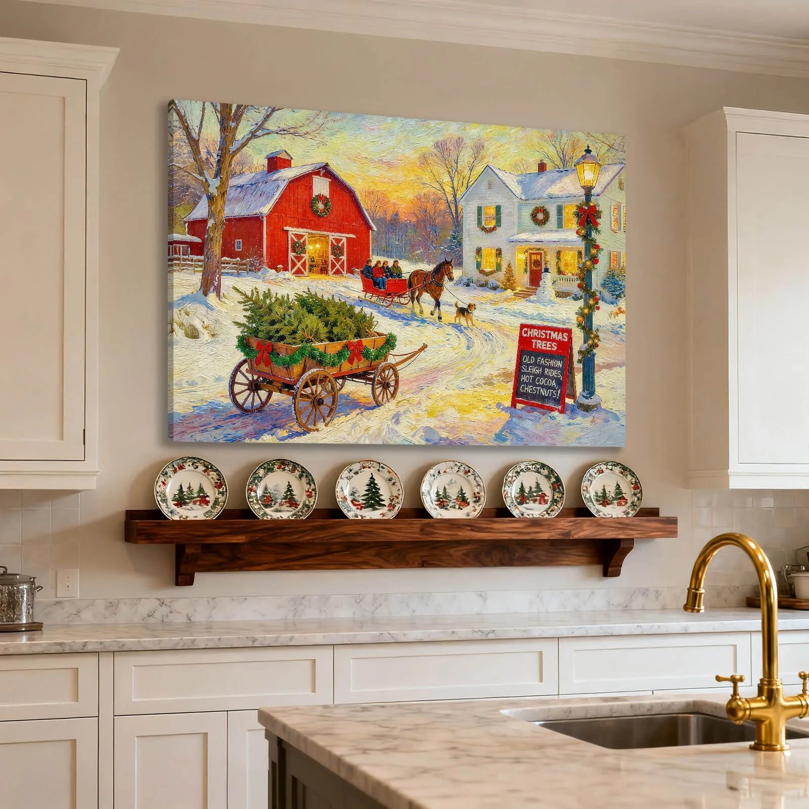 Canvas Prints Canvas Wall Art Snowy Red Barn Christmas Village Scene Rustic Holiday Home Decor Vintage Style PrintToucan - PrintToucanChrismas Gift