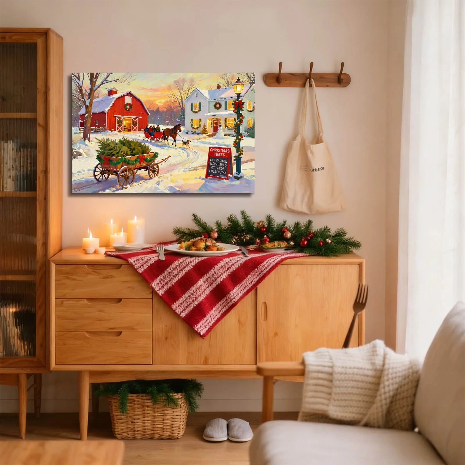 Canvas Prints Canvas Wall Art Warm Snowy Christmas Village With Horse Carriage, Sleigh & Dogs Holiday Home Decor | PrintToucan - PrintToucanChrismas Gift