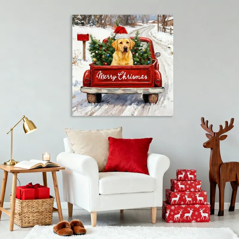 Canvas Prints Christmas Red Truck with Golden Retriever Home Decor Wall Art | PrintToucan - PrintToucanHome Decor
