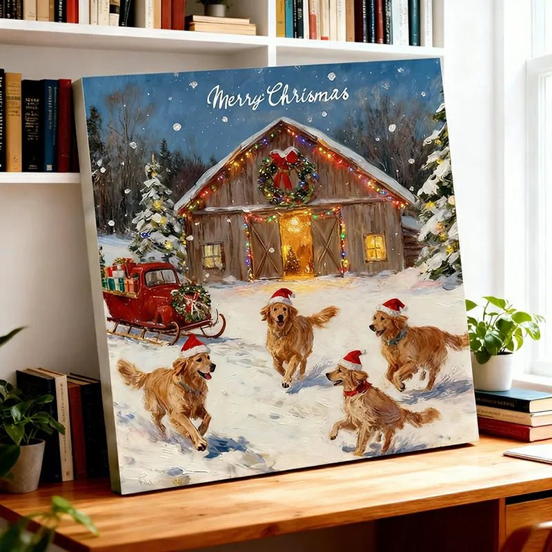 Canvas Prints Christmas Snow Golden Retrievers Cabin Scene Home Decor Wall Art | PrintToucanv - PrintToucanHome Decor