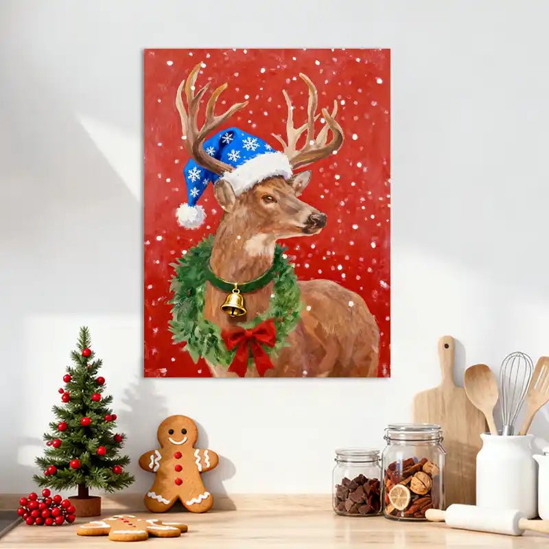 Canvas Prints Vertical Canvas Reindeer with Christmas Hat & Wreath Holiday Home Wall Art | PrintToucan - PrintToucanChrismas GiftCMPOP02-12L" x 16W"-1