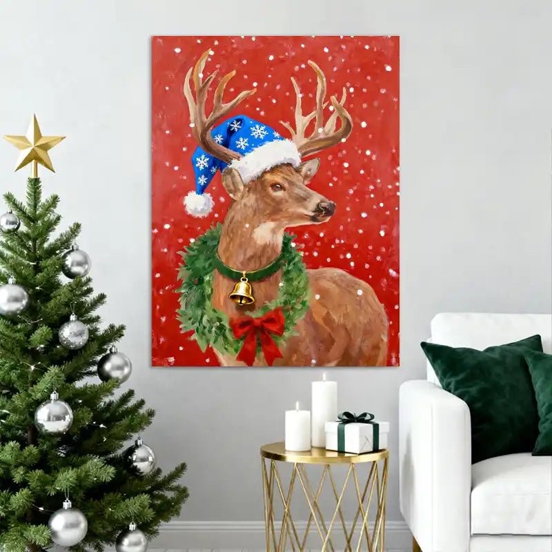 Canvas Prints Vertical Canvas Reindeer with Christmas Hat & Wreath Holiday Home Wall Art | PrintToucan - PrintToucanChrismas GiftCMPOP02-12L" x 16W"-1