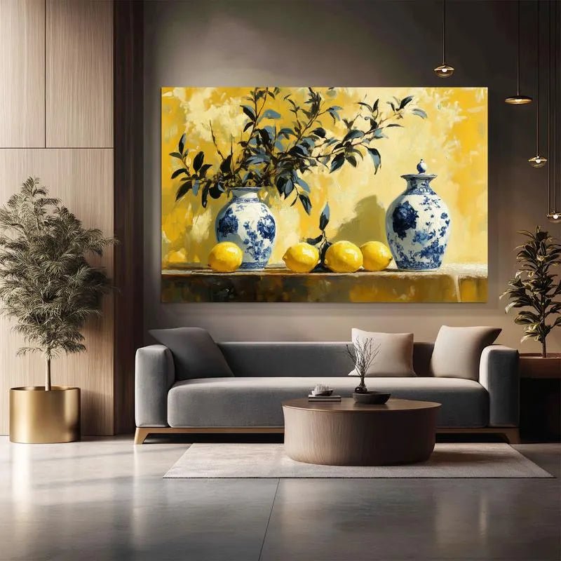 Canvas Prints Yellow Background Still Life Blue and White Porcelain with Lemons Home Decor Wall Art PrintToucan - PrintToucanHome Decor1731633805351293765