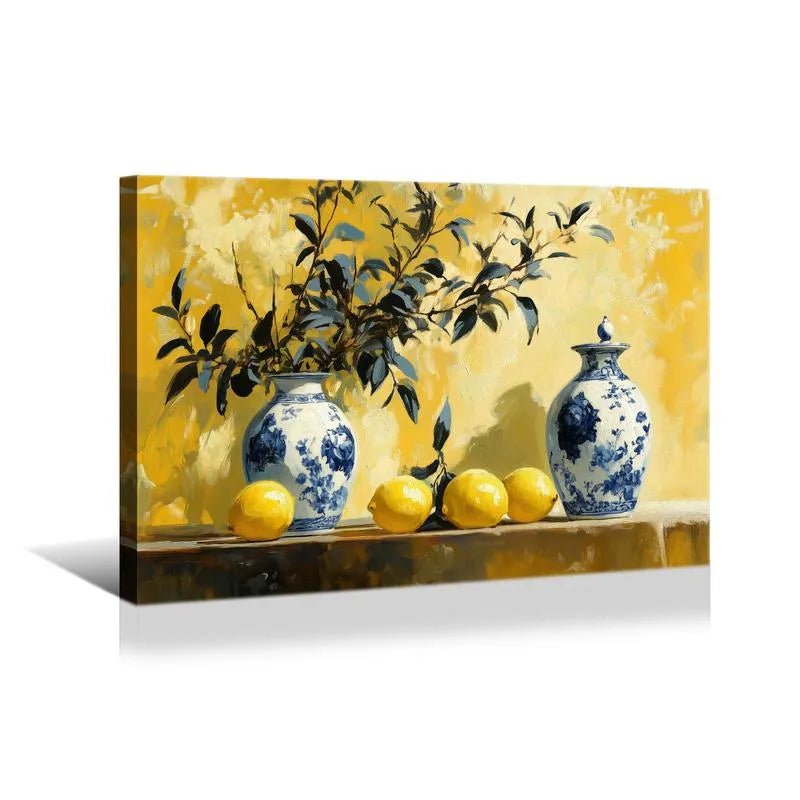 Canvas Prints Yellow Background Still Life Blue and White Porcelain with Lemons Home Decor Wall Art PrintToucan - PrintToucanHome Decor1731633805351293765
