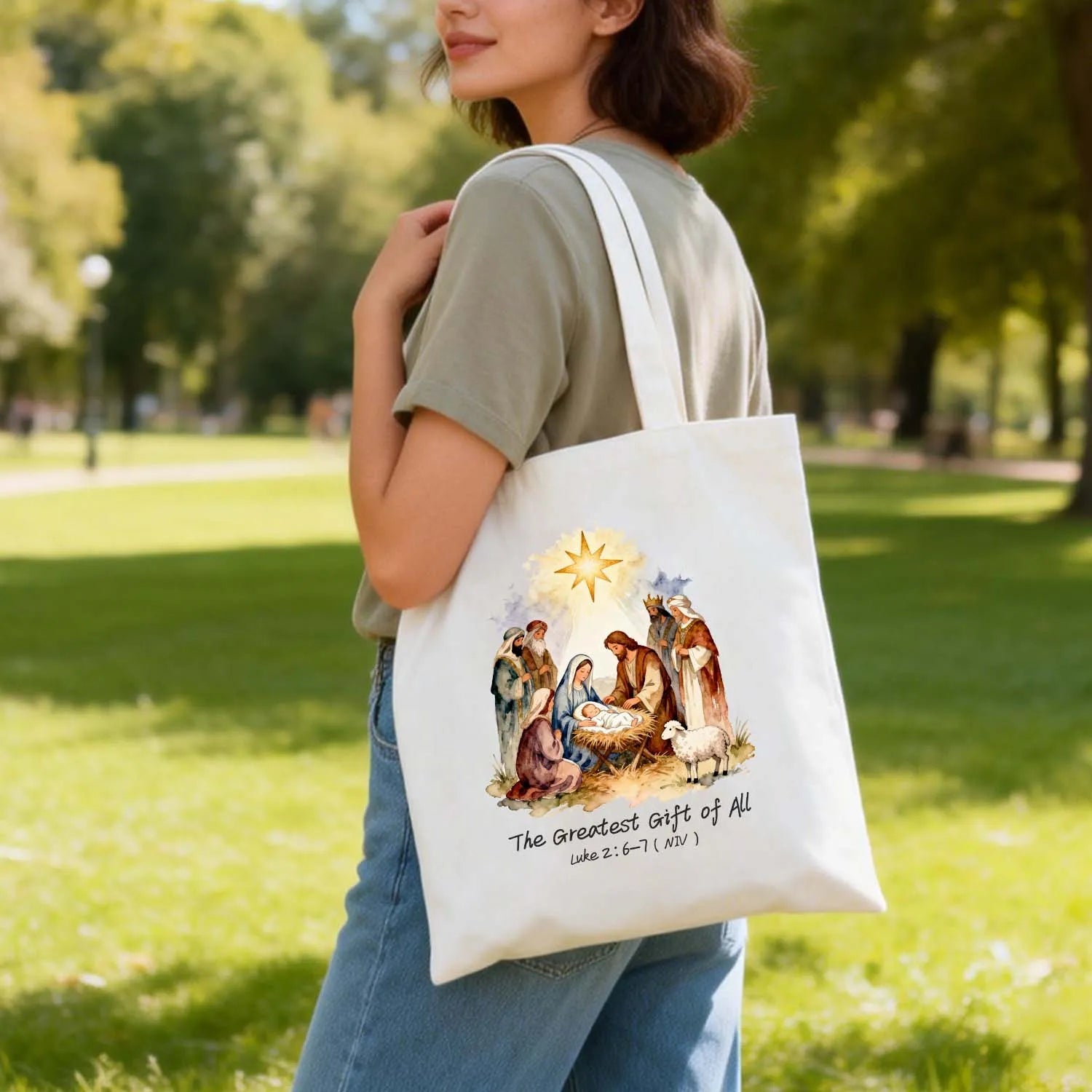 Canvas Tote Bag Christian Nativity Scene The Greatest Gift of All Luke 2:6 - 7 PrintToucan - PrintToucanChristianPrinttoucan-13.8x15.7inch(35x40)cm