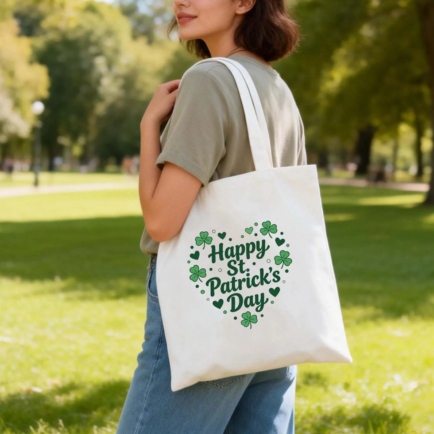 Canvas Tote Bag Happy St Patricks Day Heart Shamrock Clover Print Reusable Cotton Shoulder Bag Irish Festival Gift For Women Girls PrintToucan - PrintToucanSt. Patrick’s DayPrinttoucan-13.8x15.7inch(35x40)cm