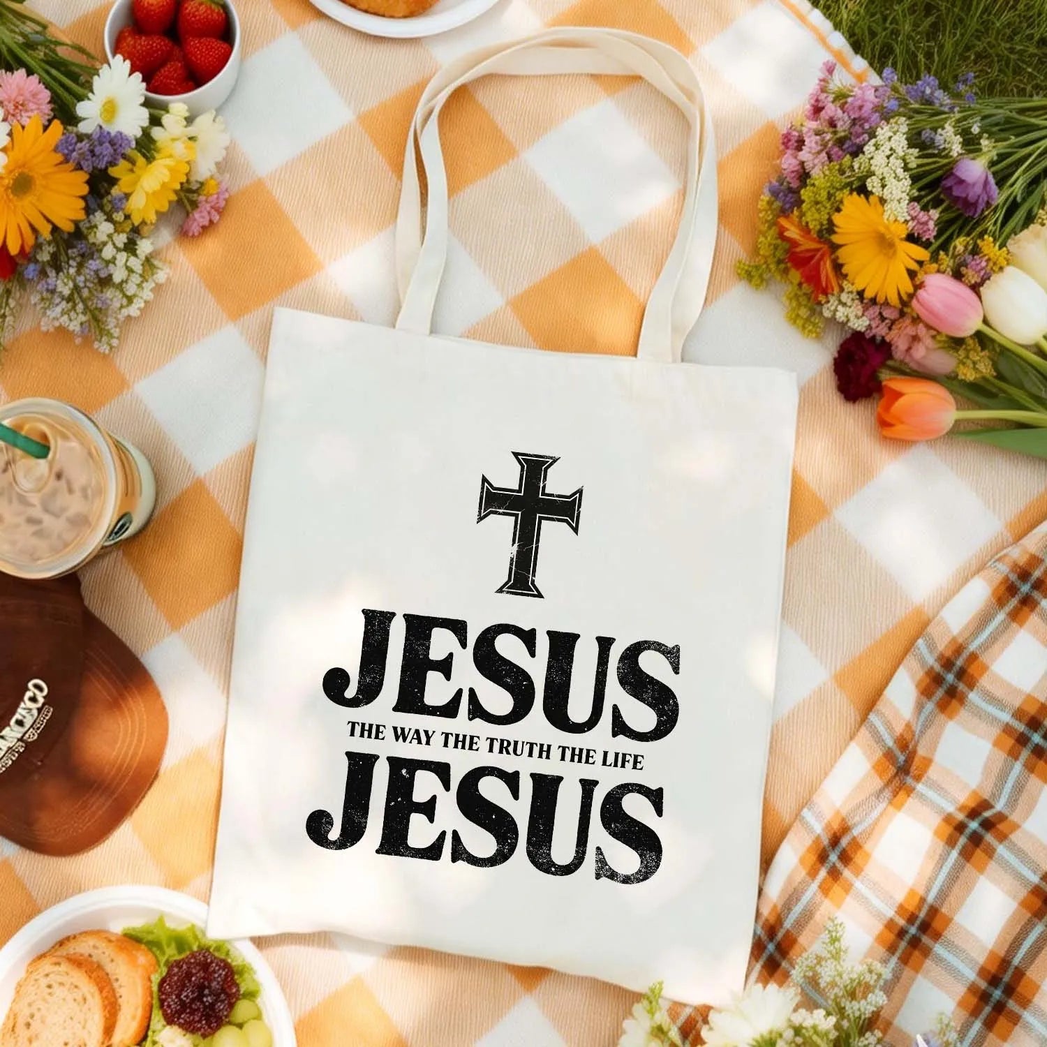 Canvas Tote Bag Jesus The Way The Truth The Life Cross Design PrintToucan - PrintToucanChristianPrinttoucan-13.8x15.7inch(35x40)cm