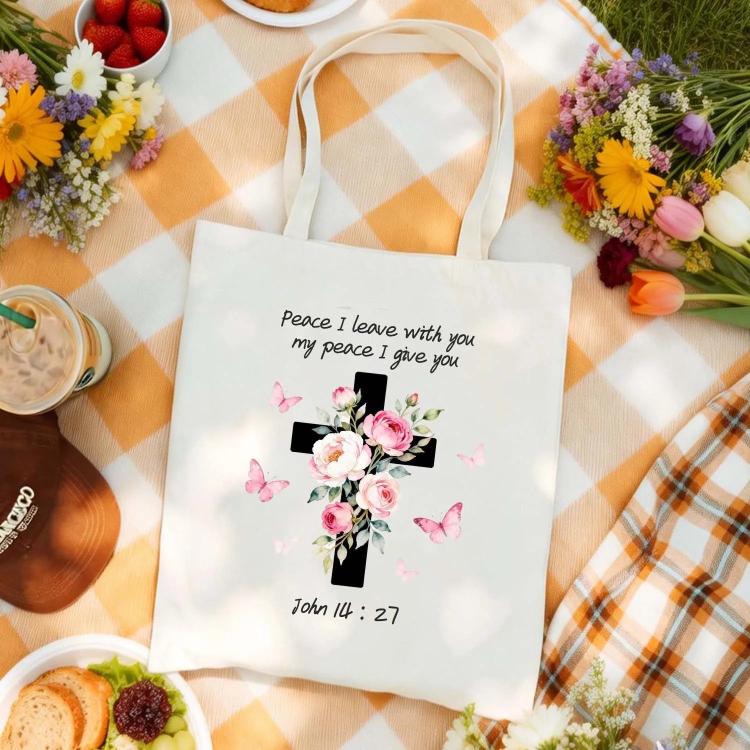 Canvas Tote Bag John 14:27 Peace I Leave With You Floral Cross Christian Tote PrintToucan - PrintToucanChristianPrinttoucan-13.8x15.7inch(35x40)cm