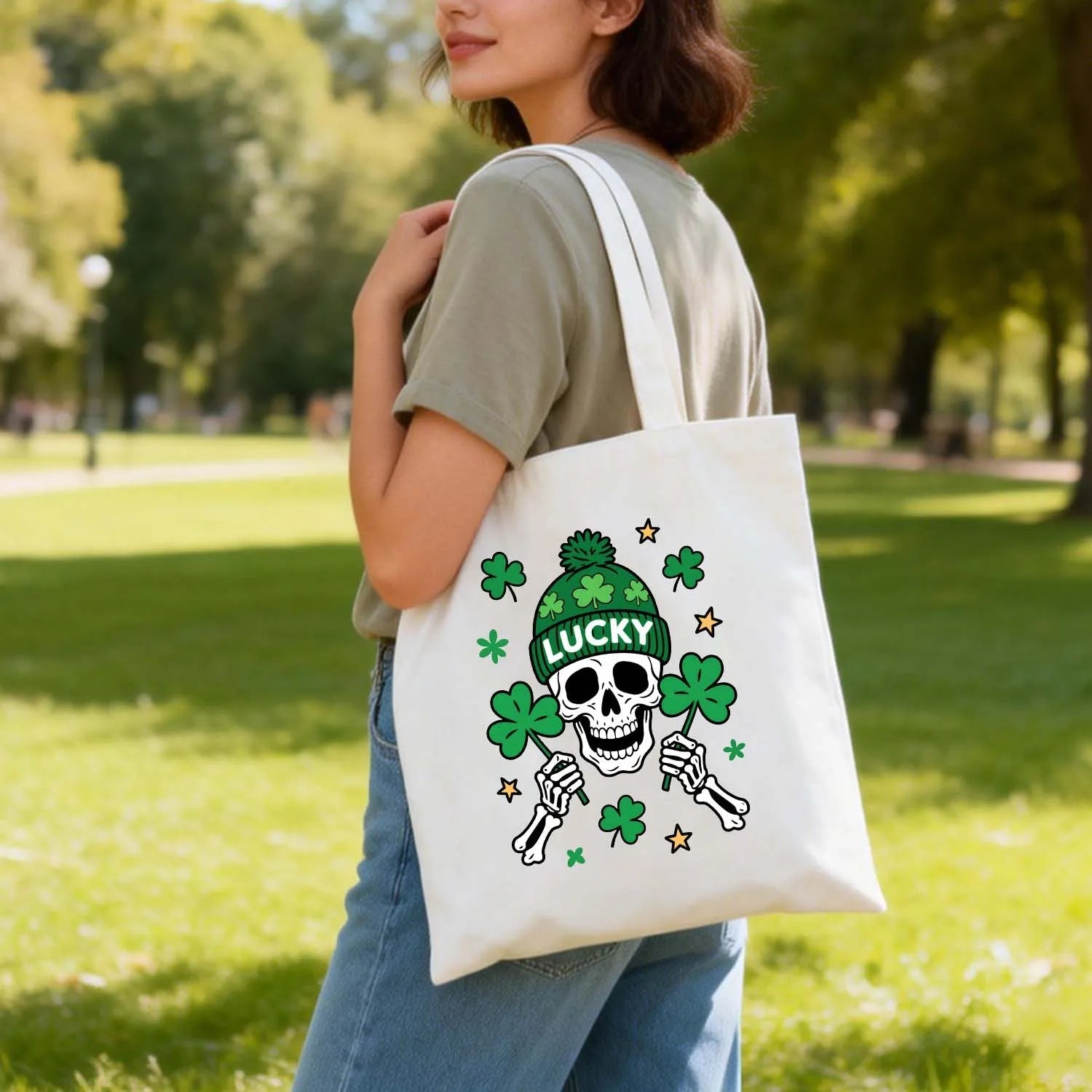 Canvas Tote Bag St Patricks Day Lucky Skull Shamrock Skeleton Green Beanie Reusable Cotton Shoulder Bag Holiday Gift Daily Use PrintToucan - PrintToucanSt. Patrick’s DayPrinttoucan-13.8x15.7inch(35x40)cm