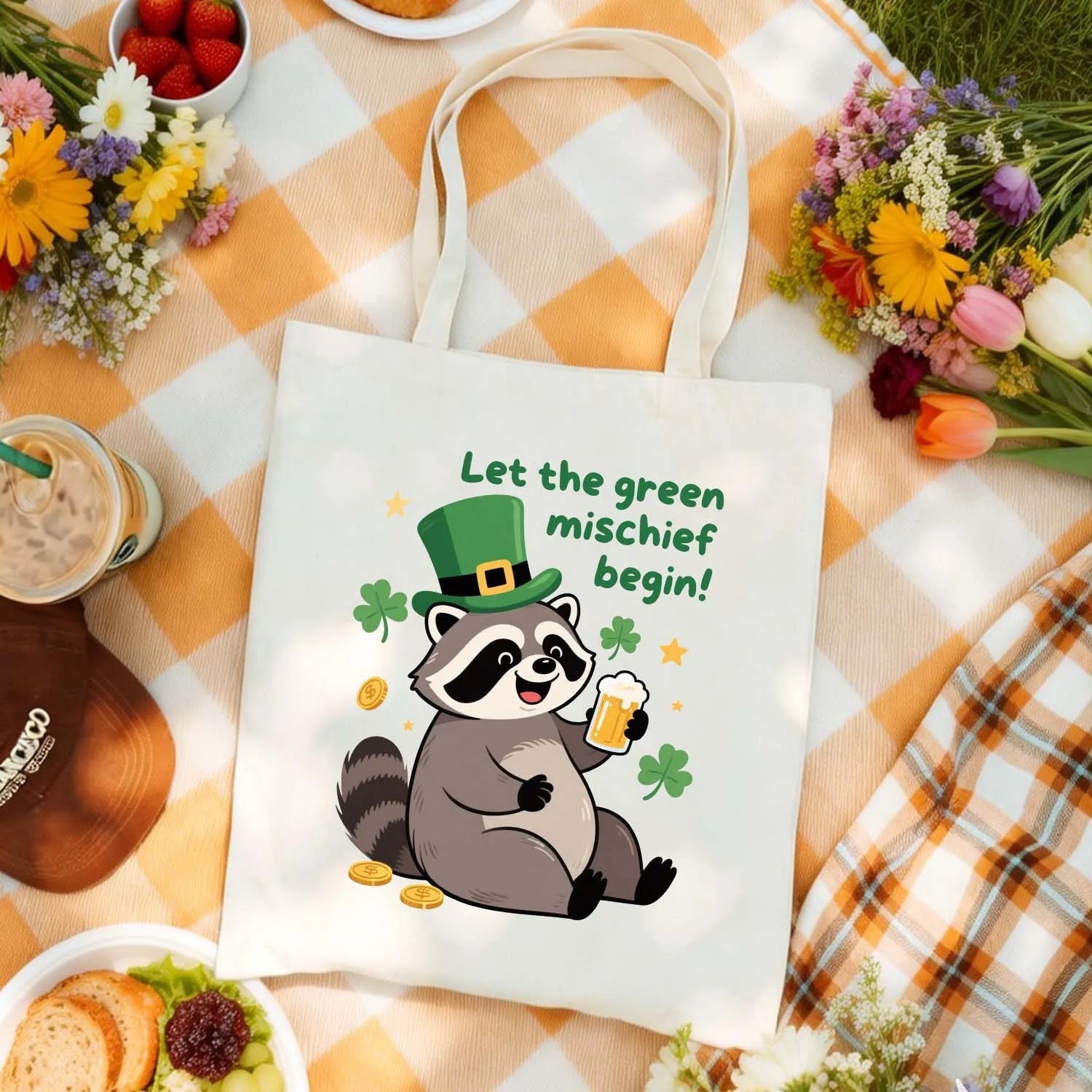 Canvas Tote Bag St Patricks Day Raccoon Let The Green Mischief Begin Leprechaun Hat Shamrock Beer Reusable Shoulder Bag PrintToucan - PrintToucanSt. Patrick’s DayPrinttoucan-13.8x15.7inch(35x40)cm