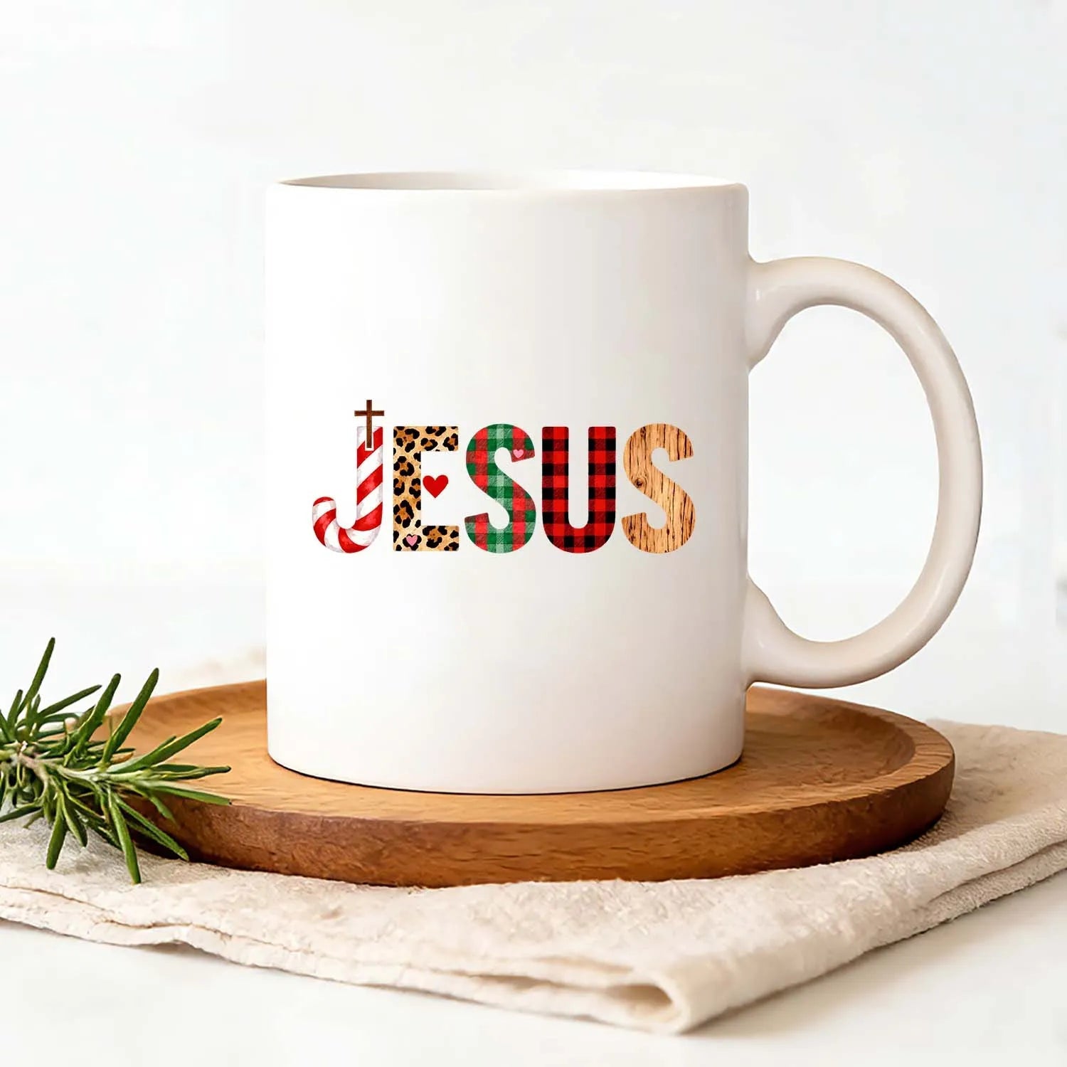 Christian Mug Christmas Jesus Leopard Plaid Patchwork Coffee Cup Religious Holiday Gift PrintToucan - PrintToucanDrinkwarePT-MUG-11OZ-LOVERS