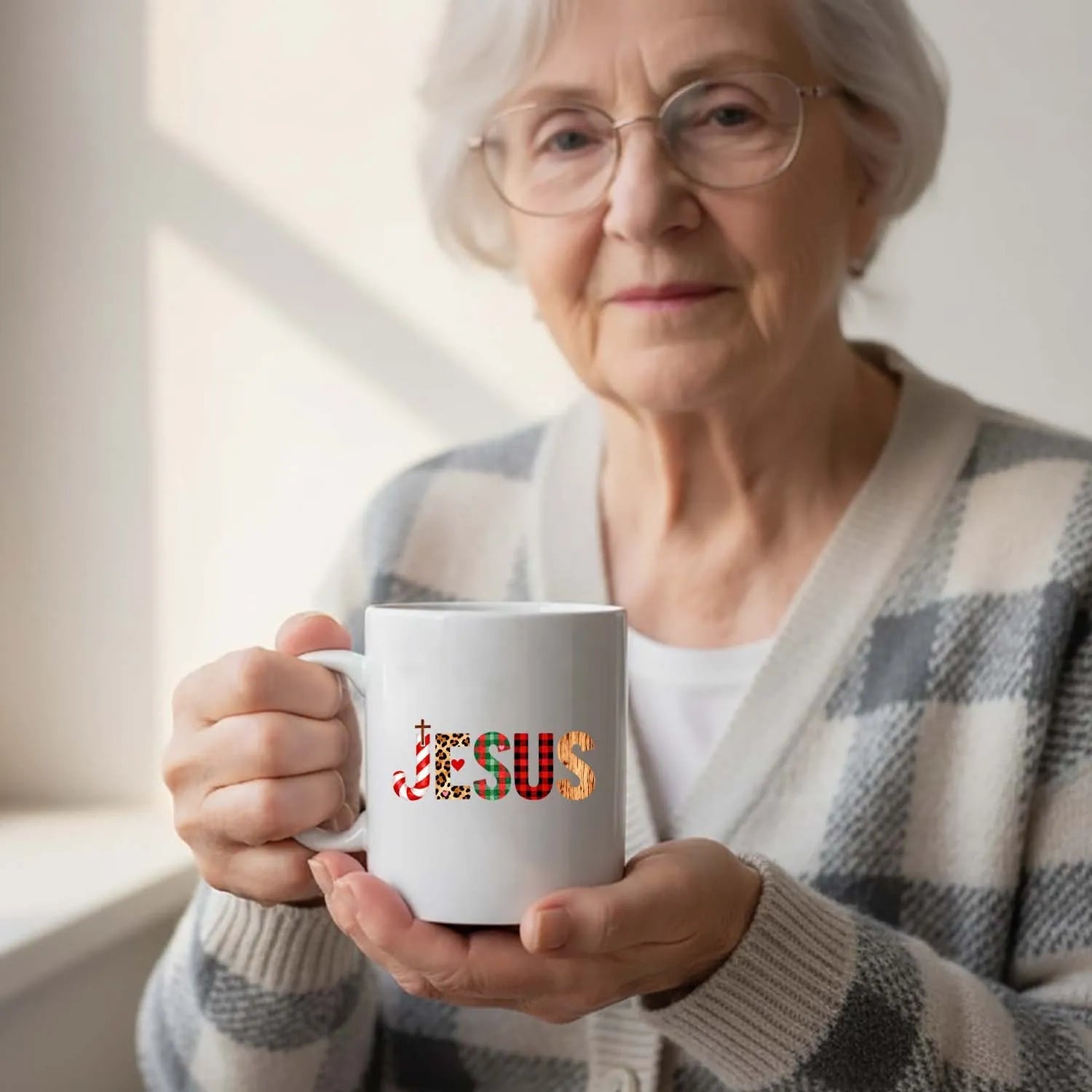 Christian Mug Christmas Jesus Leopard Plaid Patchwork Coffee Cup Religious Holiday Gift PrintToucan - PrintToucanDrinkwarePT-MUG-11OZ-LOVERS