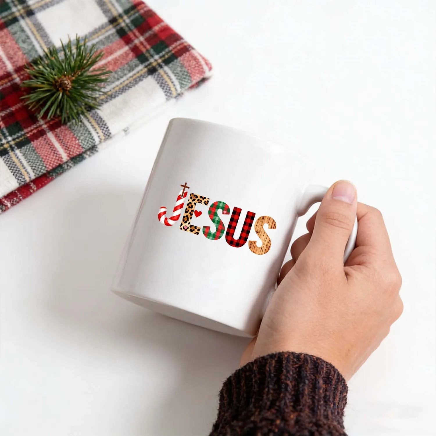 Christian Mug Christmas Jesus Leopard Plaid Patchwork Coffee Cup Religious Holiday Gift PrintToucan - PrintToucanDrinkwarePT-MUG-11OZ-LOVERS