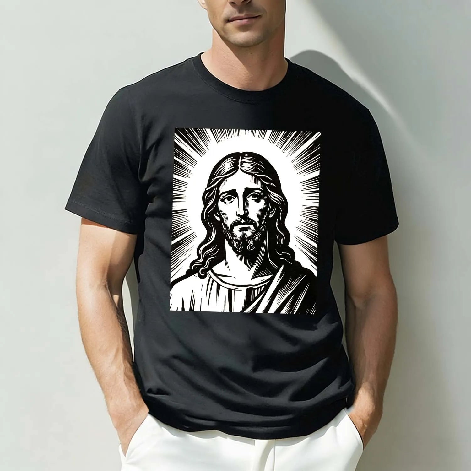 Christian T-Shirt Jesus Christ Woodcut Style Religious Portrait Faith Apparel PrintToucan - PrintToucanChristianPrinttoucan-S