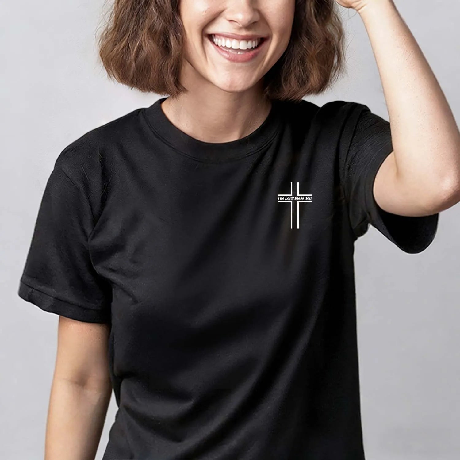 Christian T-Shirt Minimalist Cross "The Lord Bless You" With Bow Faith - Based Tee PrintToucan - PrintToucanChristianPrinttoucan-S