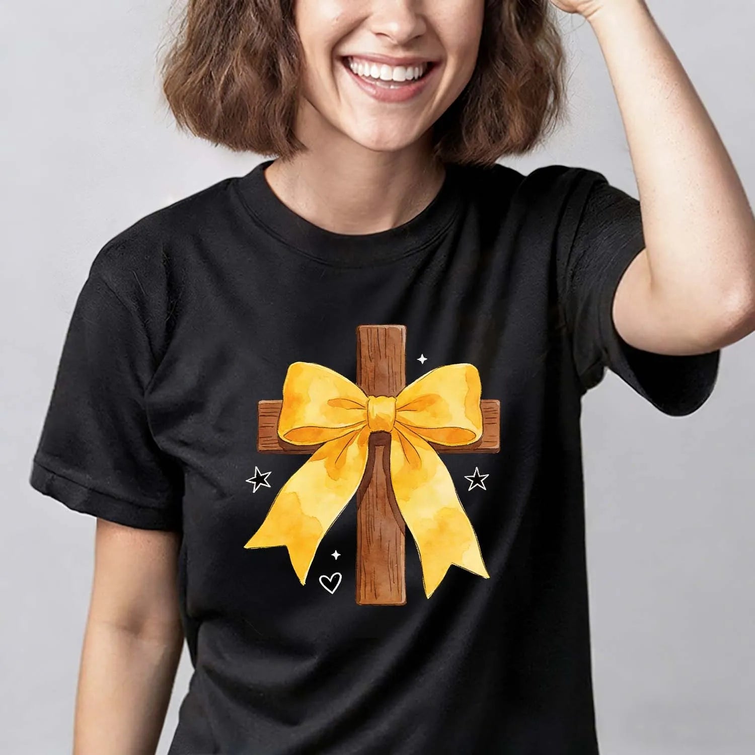 Christian T-Shirt Watercolor Cross With Yellow Bow Cute Faith - Based Apparel For Women PrintToucan - PrintToucanChristianPrinttoucan-S