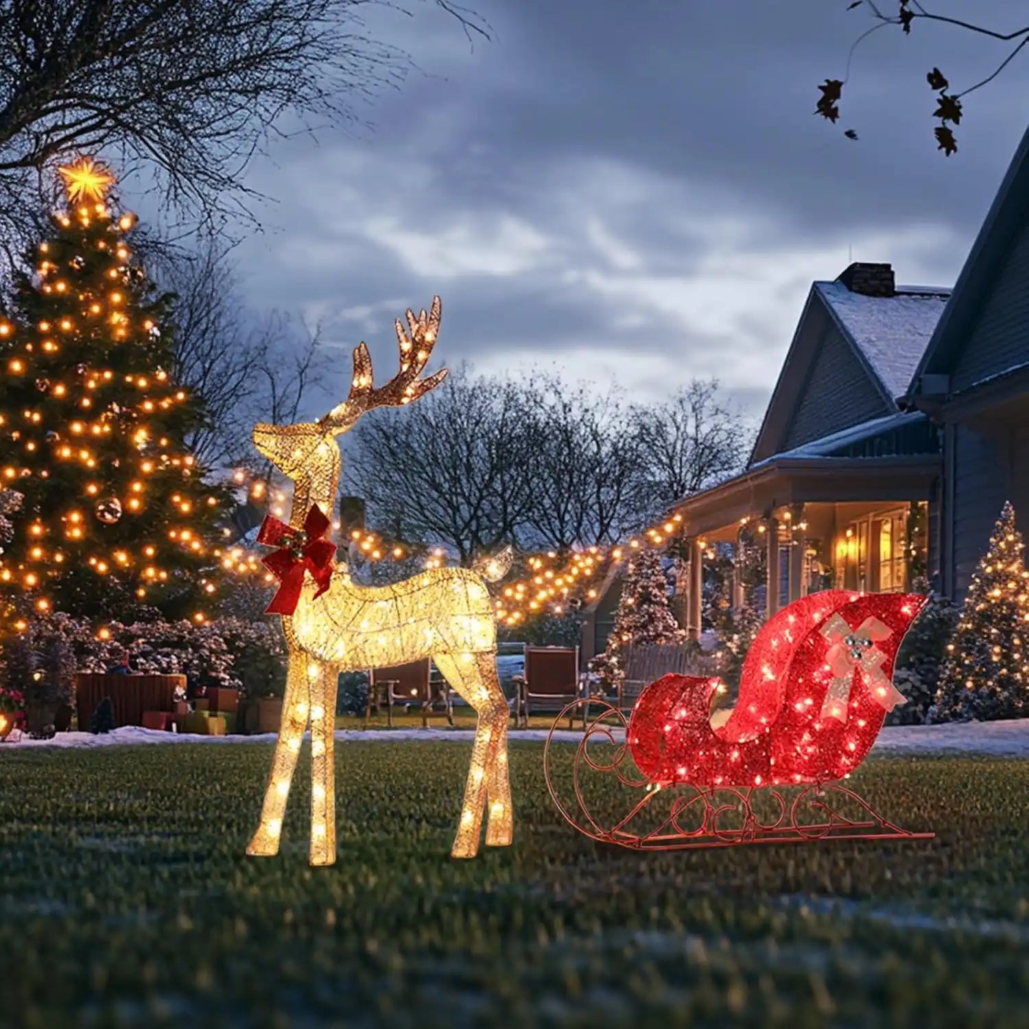 Christmas Deer Decoration Light Up Christmas Decor Deer Set With Sleigh, Holiday Outdoor & Indoor Display | PrintToucan - PrintToucanChrismas Gift