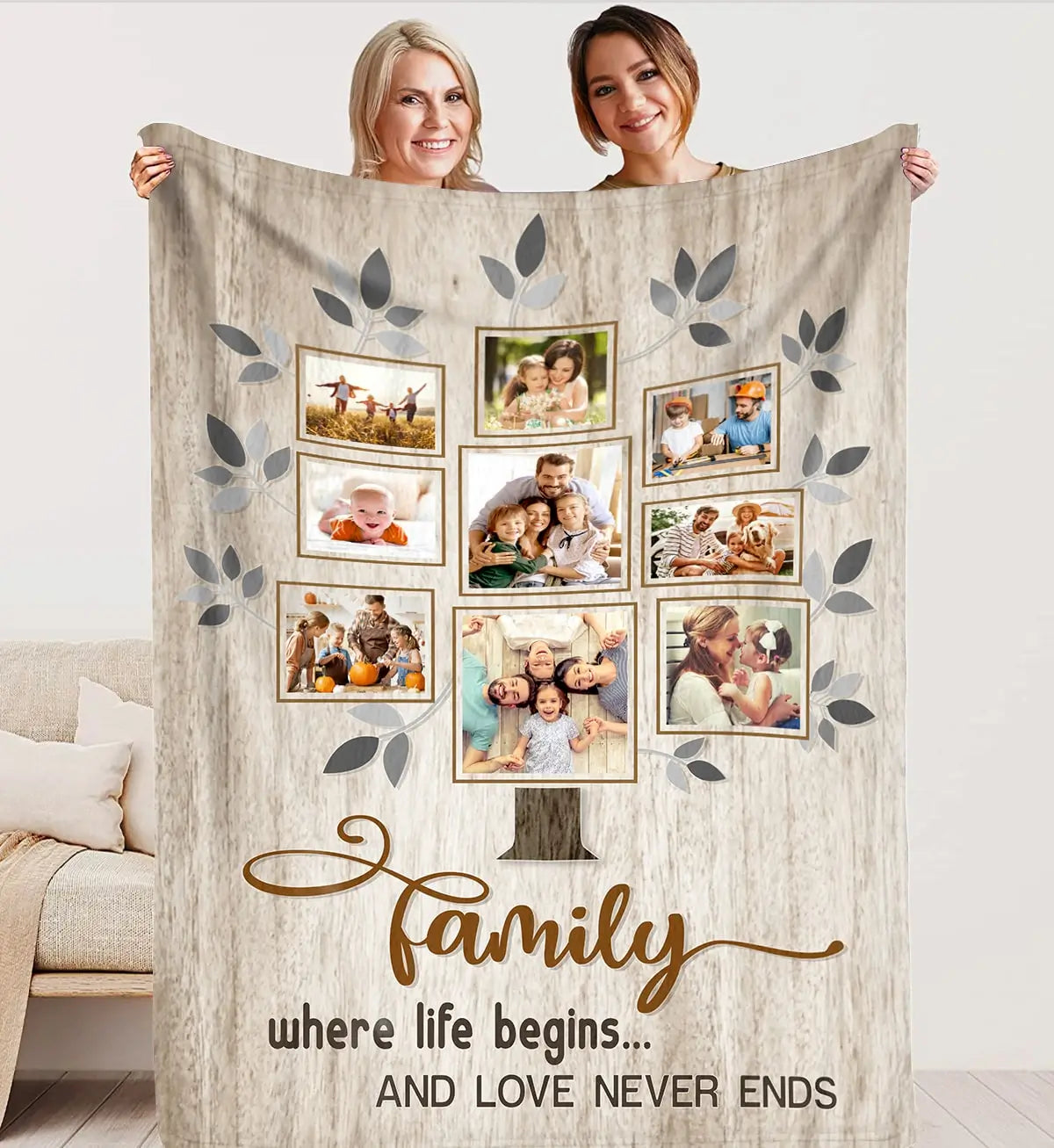 A light wood - textured custom blanket with a gray family tree design, multiple family photos