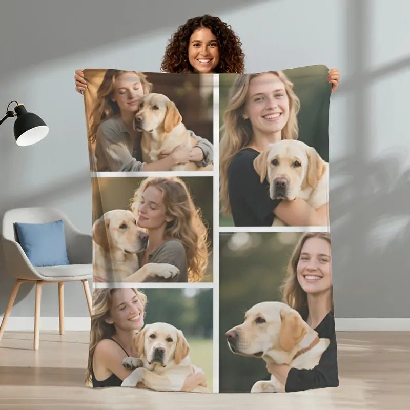 Custom flannel blanket with pet (Labrador) & owner photos, held in indoor scene, perfect for pet lovers gifts | PrintToucan