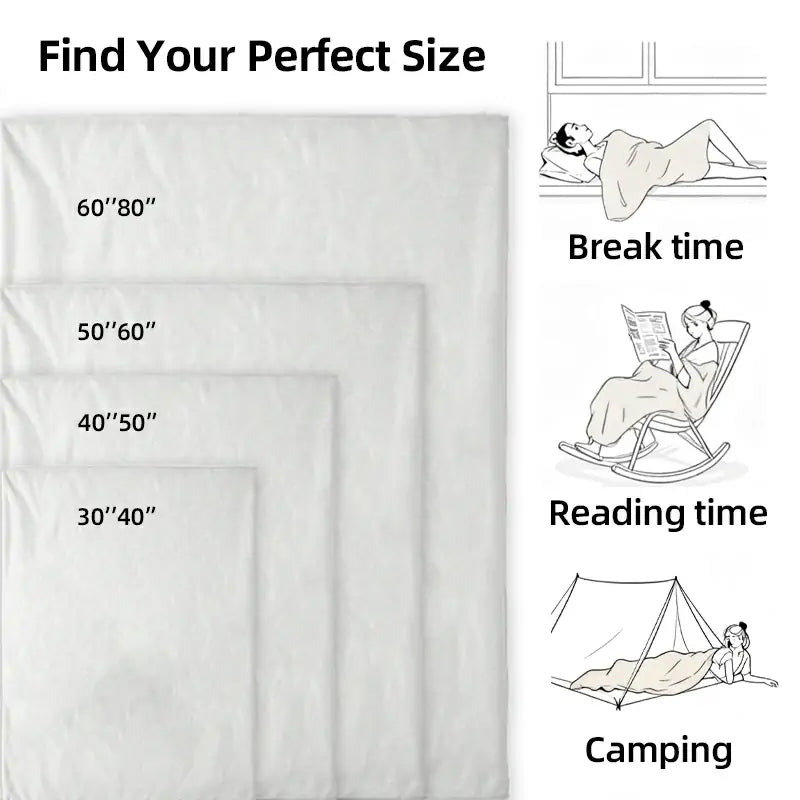 White flannel custom blankets in various sizes (30"40" to 60"80") with usage scenes (break/reading/camping) | PrintToucan