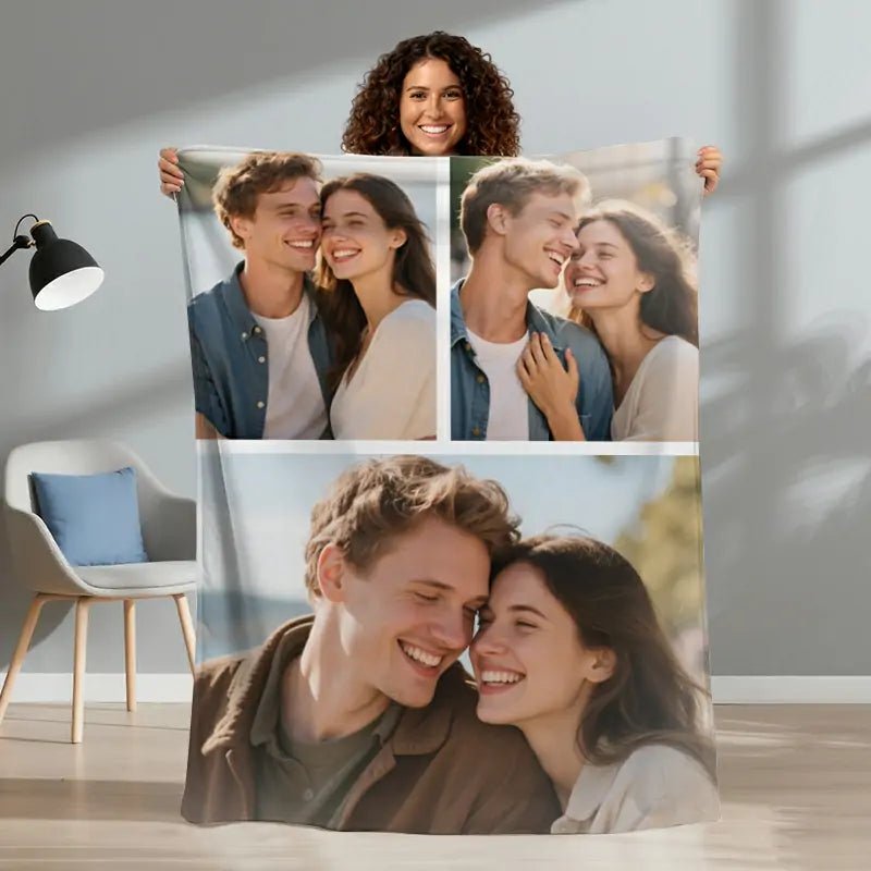 Custom flannel blanket with couple photos, held in indoor scene, great for couples gifts | PrintToucan