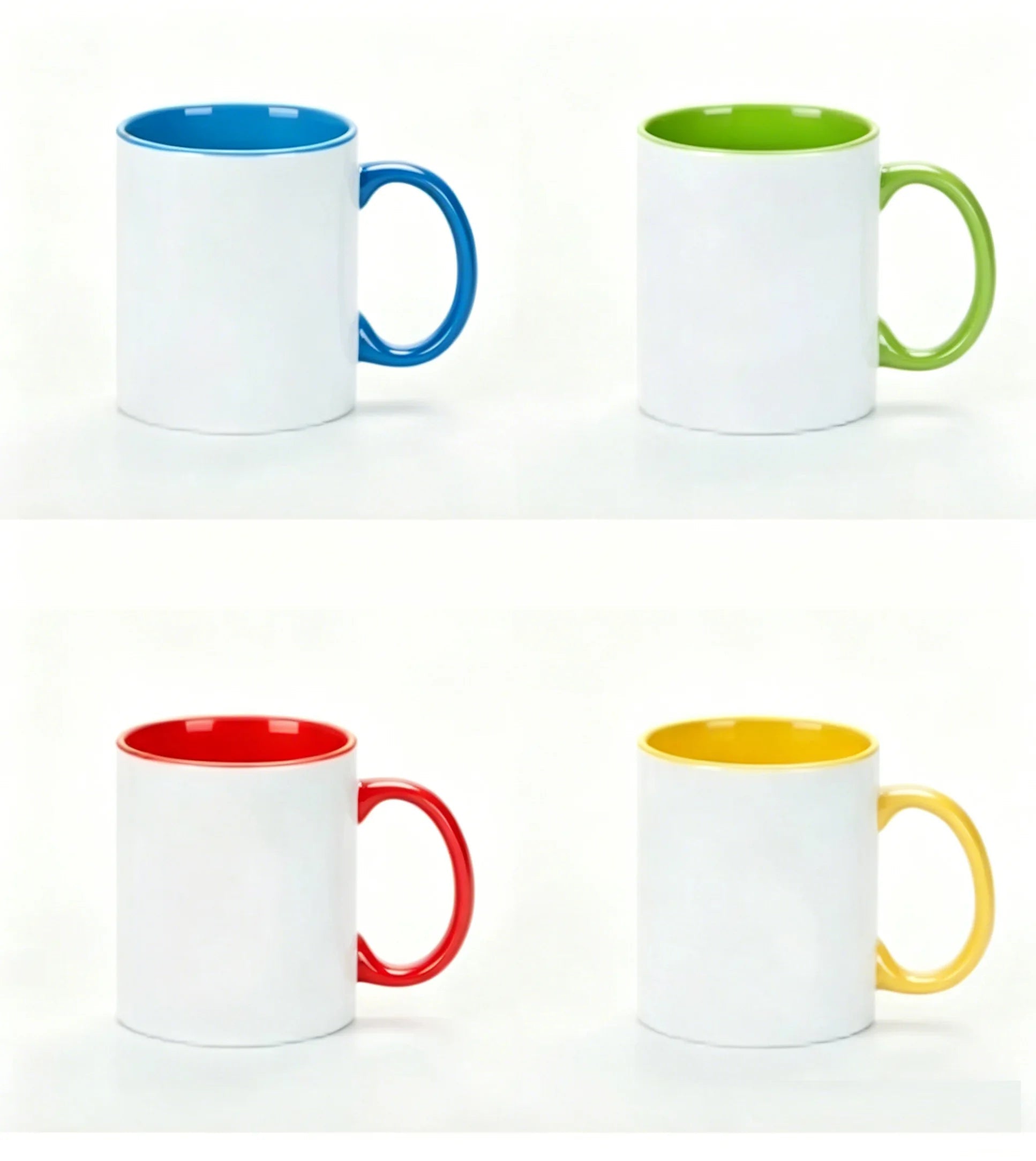 PrintToucan custom colored interior ceramic mug set, blank 11oz white coffee cups with colorful inside (blue, green, red, yellow) for sublimation printing