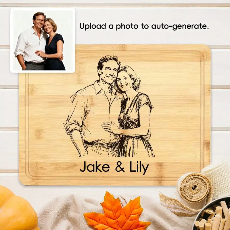 Personalized engraved bamboo cutting board with couple photo and names Jake & Lily, custom family gift | PrintToucan