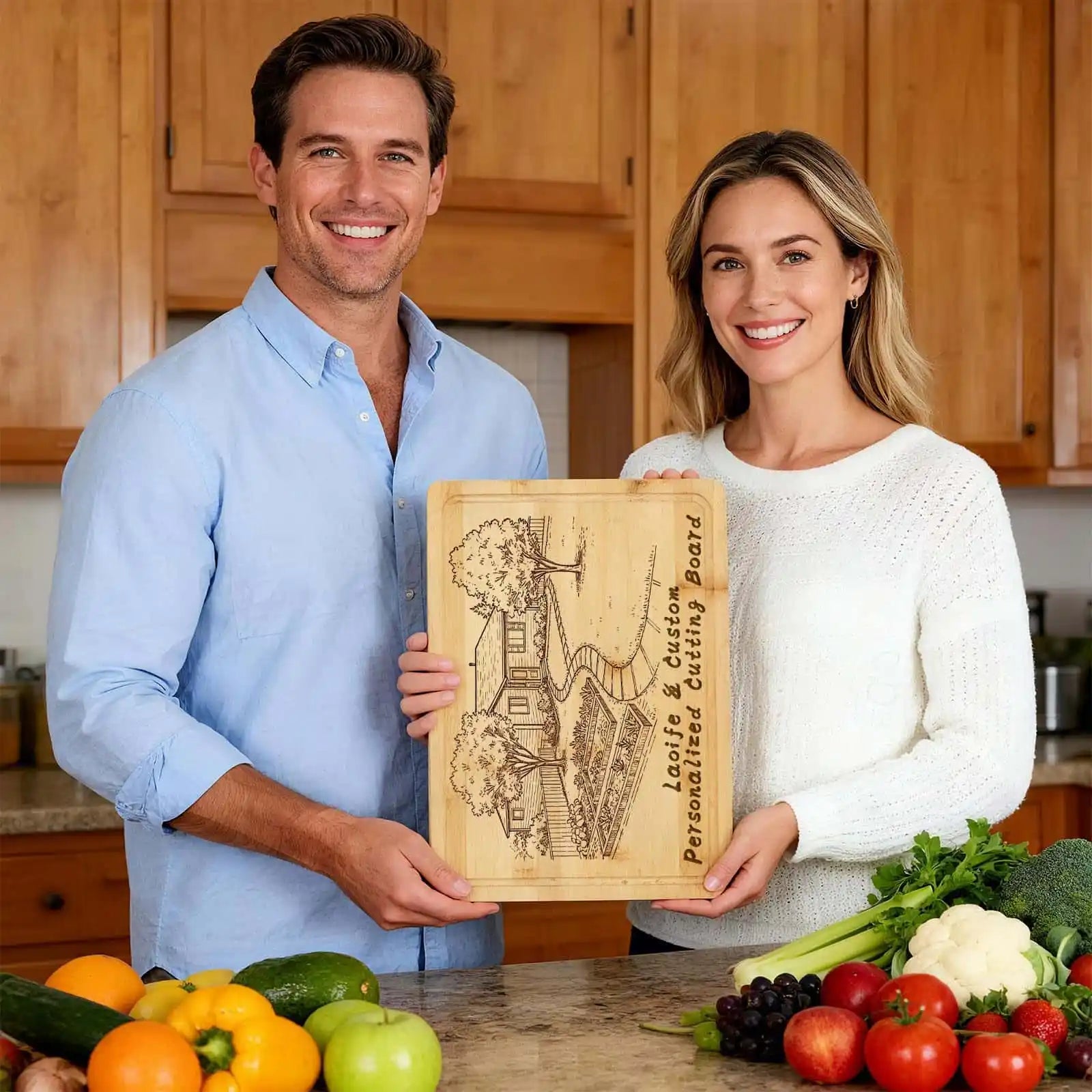 Couple Holding Bamboo Custom Cutting Board in Kitchen – Personalized Wood Engraved Board as Family Gift | PrintToucan