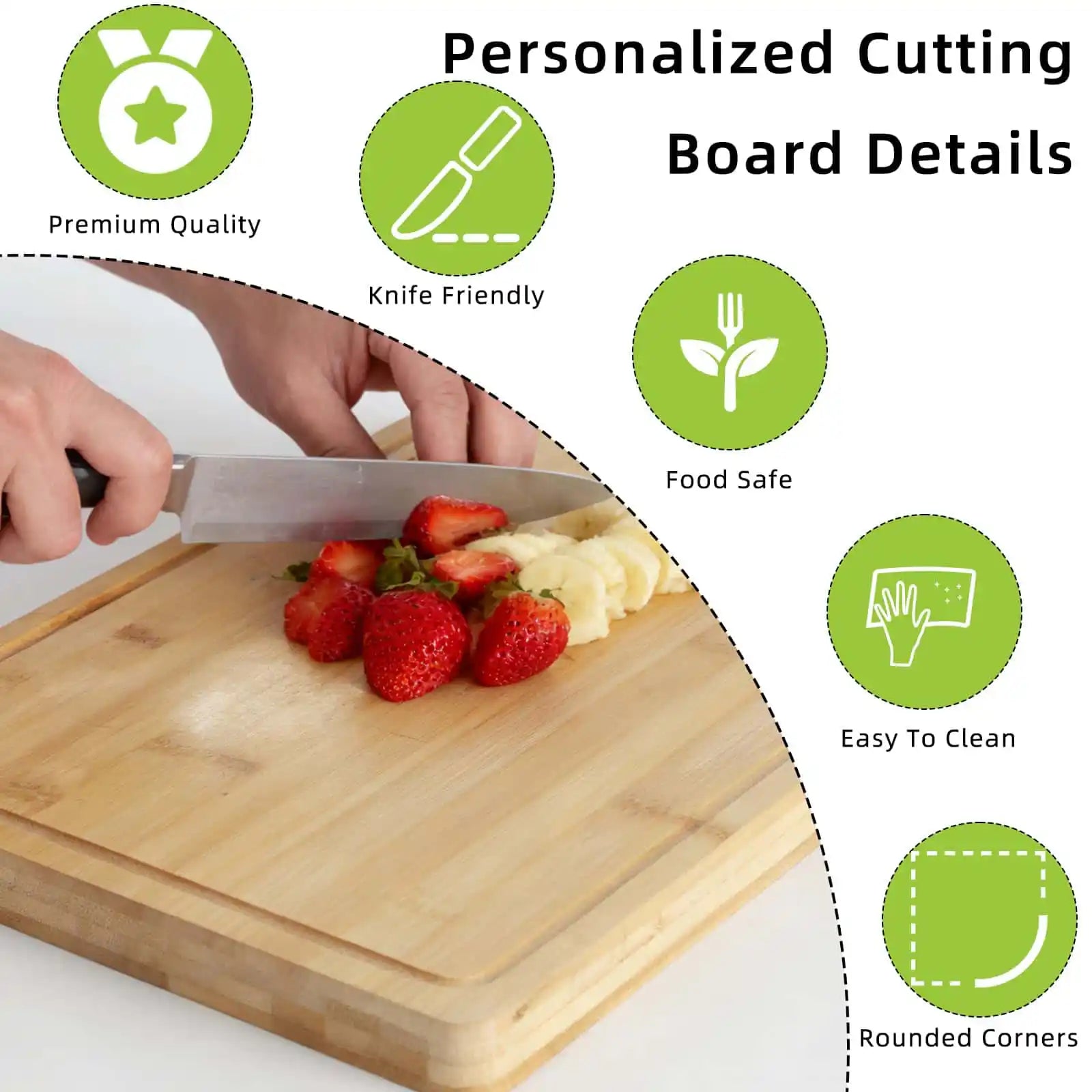 Personalized Cutting Board Details – Premium Quality, Knife Friendly, Food Safe, Easy to Clean, Rounded Corners | PrintToucan