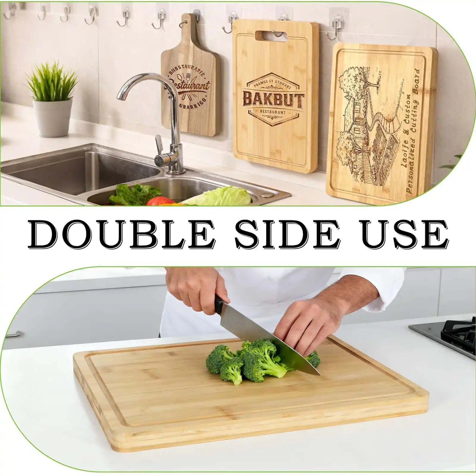 Double Side Use Bamboo Custom Cutting Board – Hung on Kitchen Wall & Used for Chopping Broccoli | PrintToucan