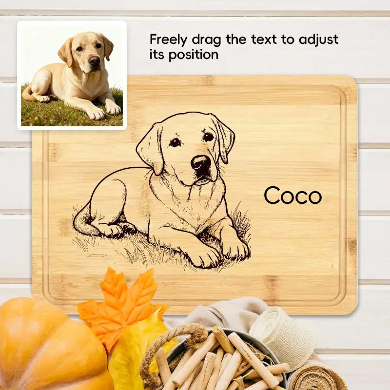 Personalized engraved bamboo cutting board with labrador dog photo and name Coco, custom pet gift | PrintToucan