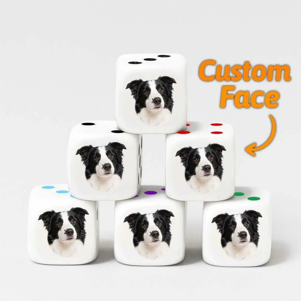White acrylic custom dice with personalized dog face & colorful dots, stacked view for pet lovers gifts | PrintToucan