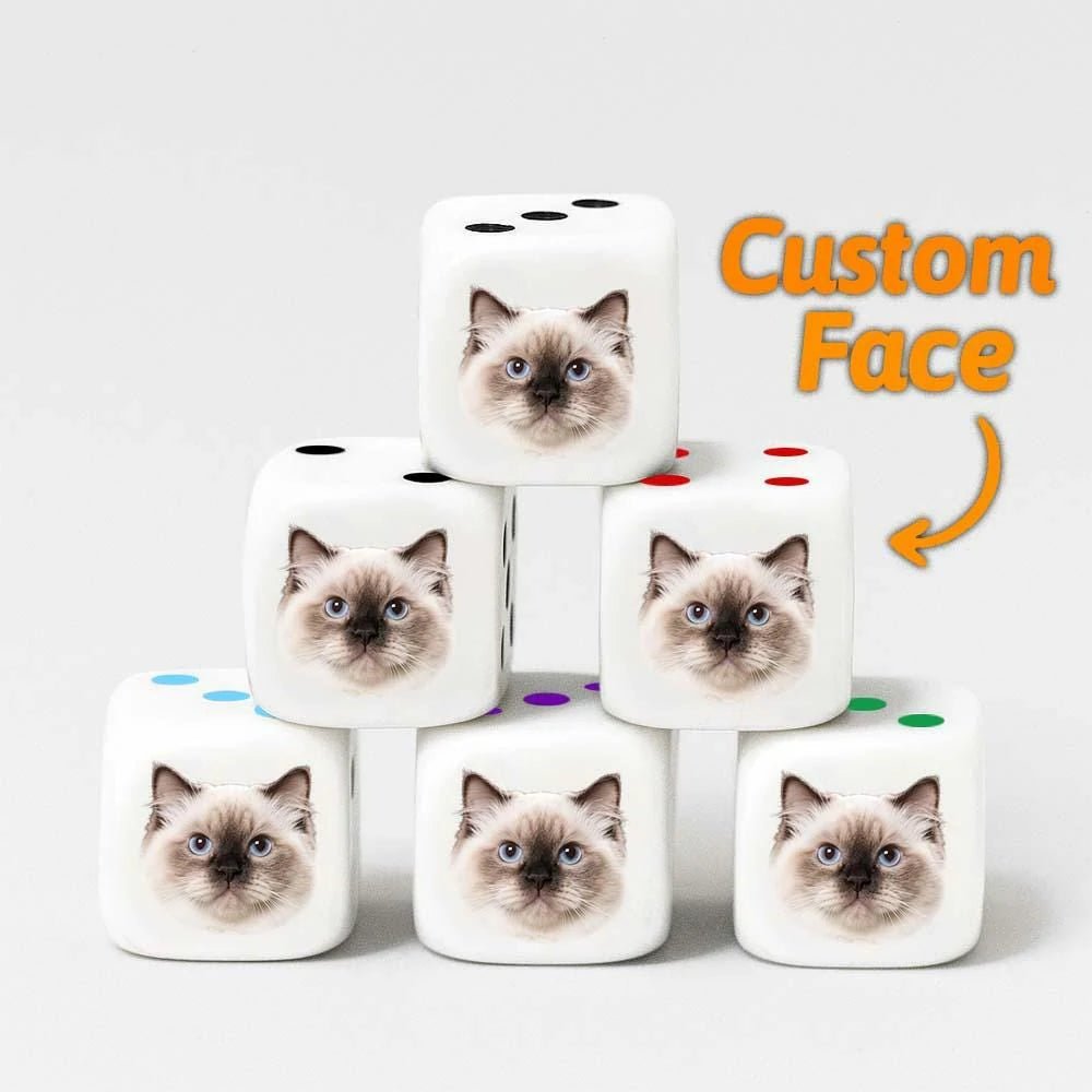 White acrylic custom dice with personalized cat face & colorful dots, stacked view for pet lovers gifts | PrintToucan