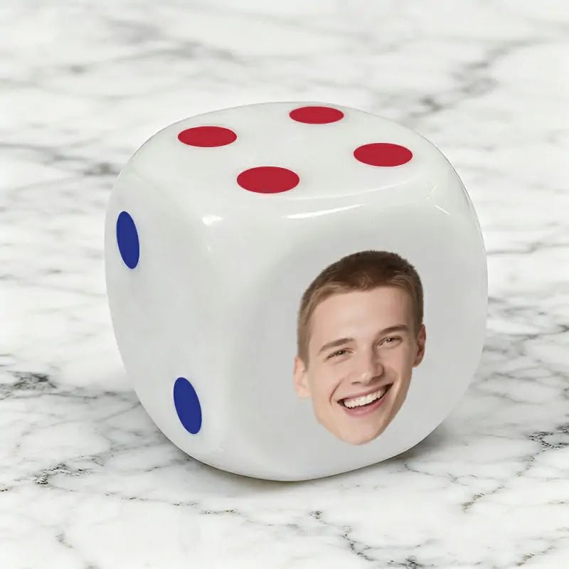 Close-up white acrylic custom dice with face & colorful dots on marble, for unique party gifts | PrintToucan