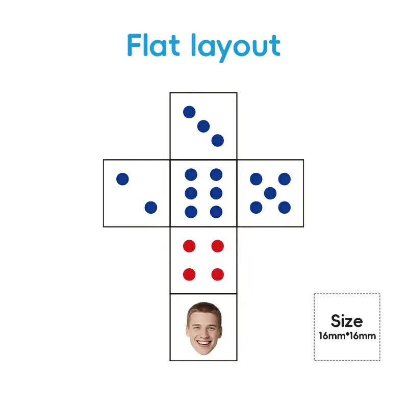 White acrylic custom dice flat layout with colorful dots & face, size 16mm*16mm for party gifts | PrintToucan