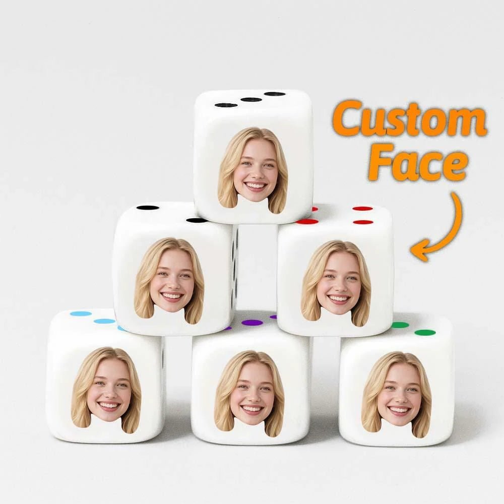 White acrylic custom dice with personalized human face & colorful dots, stacked view for party gifts | PrintToucan