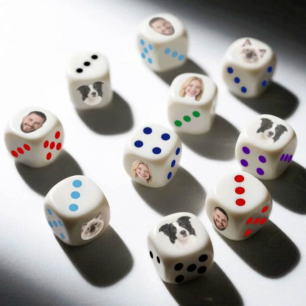 White acrylic custom dice with mixed face/animal photos & colorful dots, in shadow play for family gifts | PrintToucan
