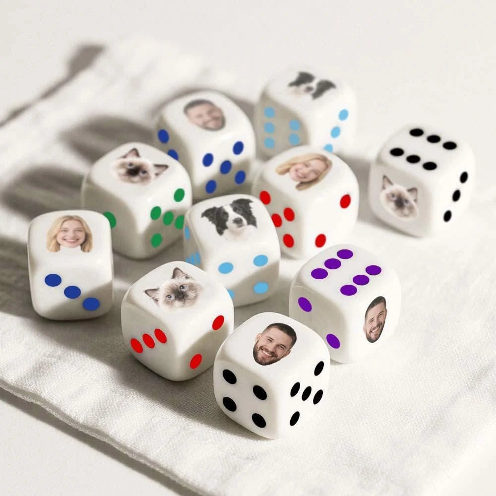 White acrylic custom dice with mixed face/animal photos & colorful dots, laid on fabric for party gifts | PrintToucan