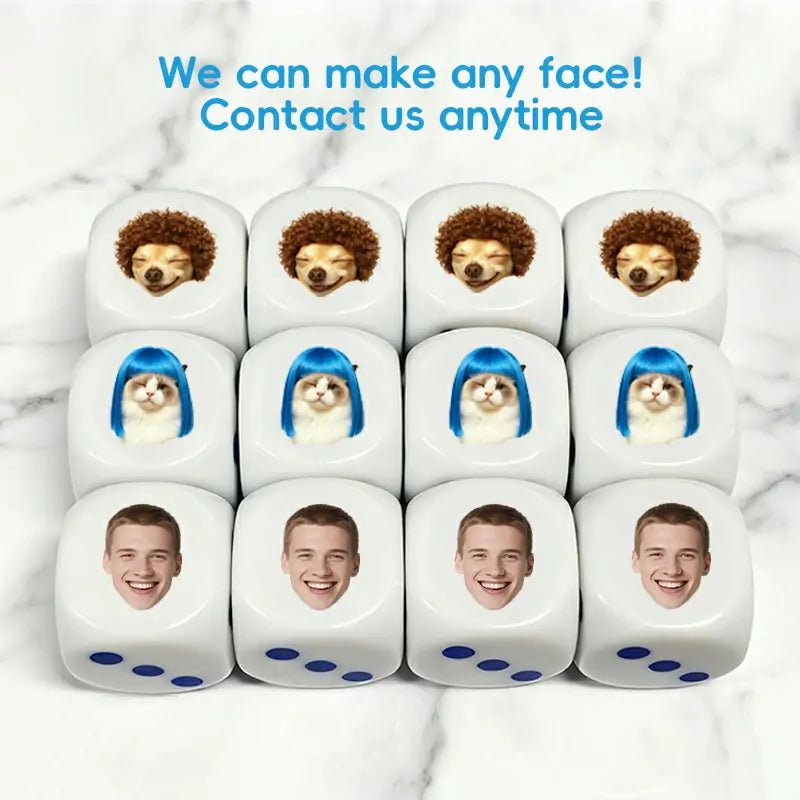 White acrylic custom dice with various faces (animal & human) on marble background, ideal for personalized party gifts | PrintToucan